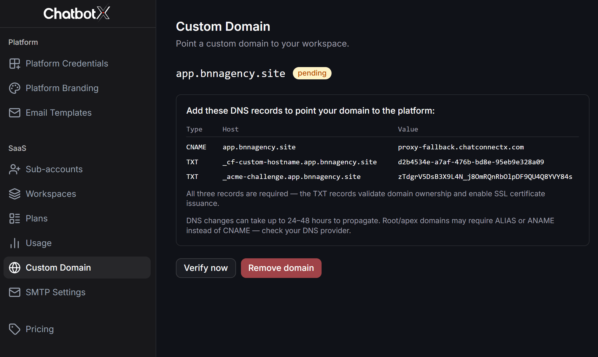 Chatbotx Whitelabel Custom Domain Pending