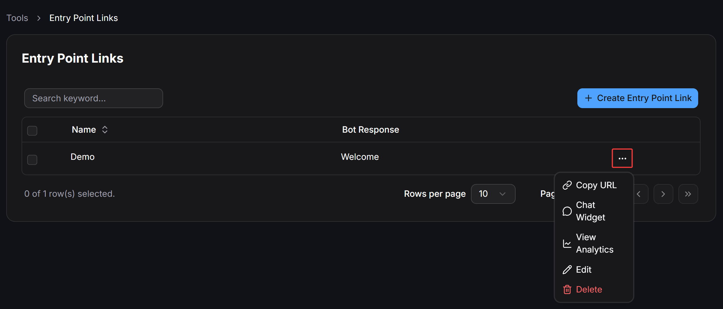 Entry Point Links Chat Widget Menu