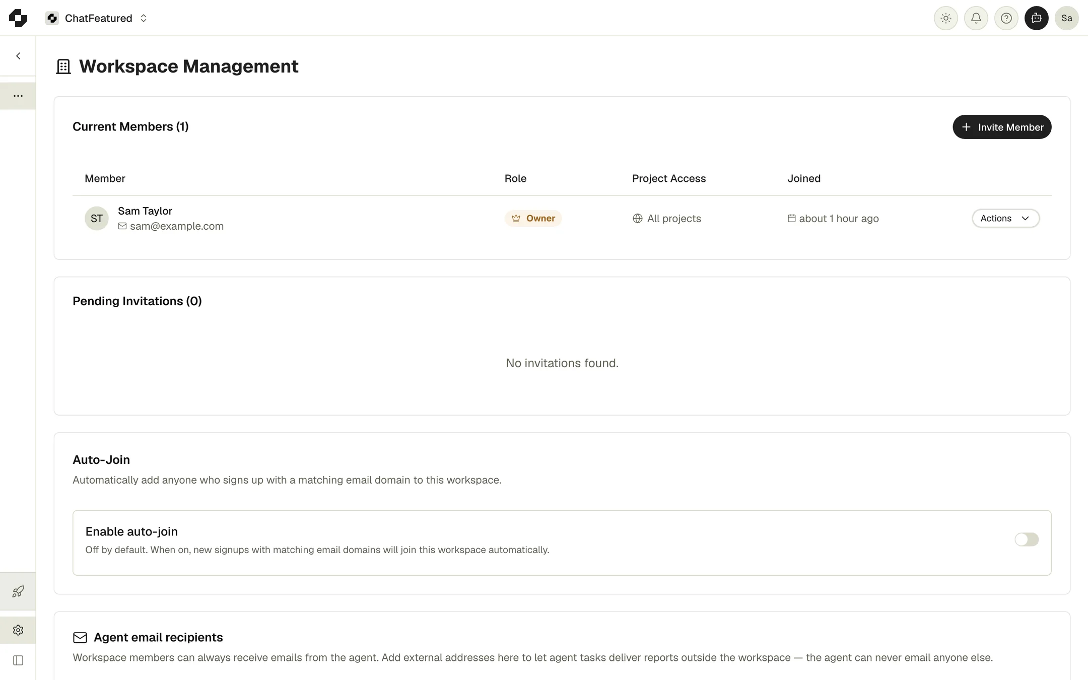 The Current Members list, showing a member's role, project access, join date and Actions menu