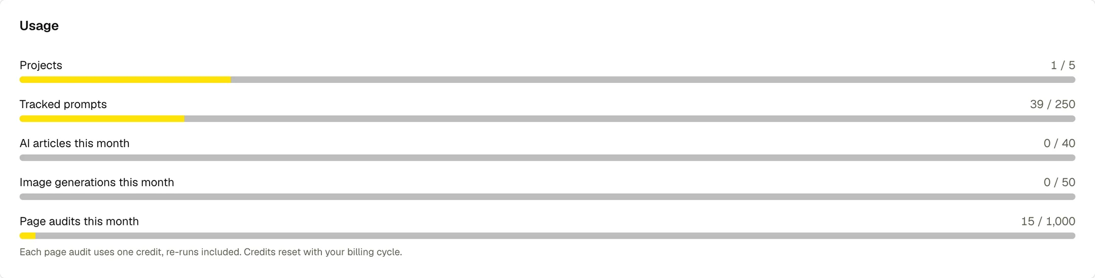 The Usage card on the Billing page, with meters for projects, tracked prompts, AI articles, image generations and page audits