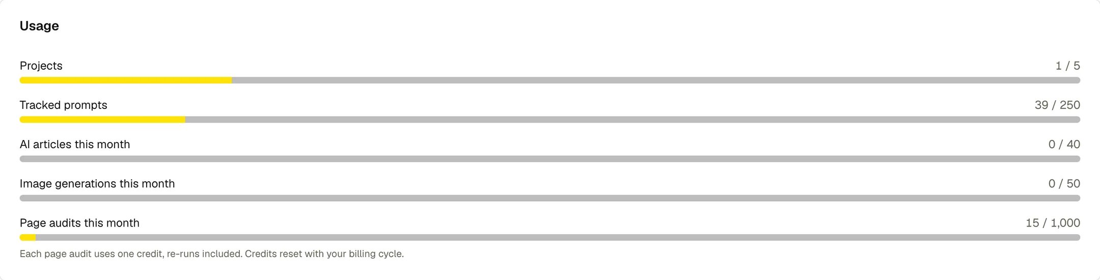 The Usage card on the Billing page, with meters for projects, tracked prompts, AI articles, image generations and page audits