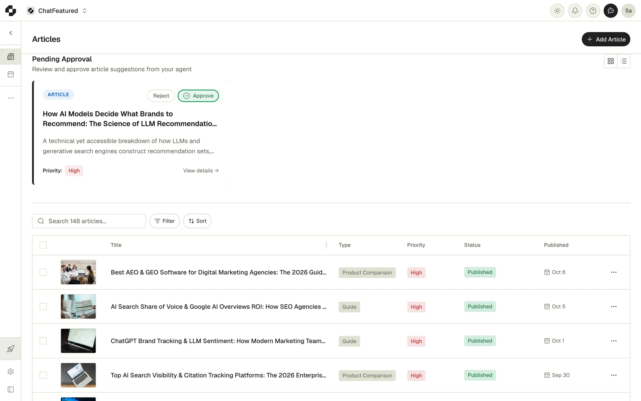 The Articles page, with an idea under Pending Approval and a list of published articles