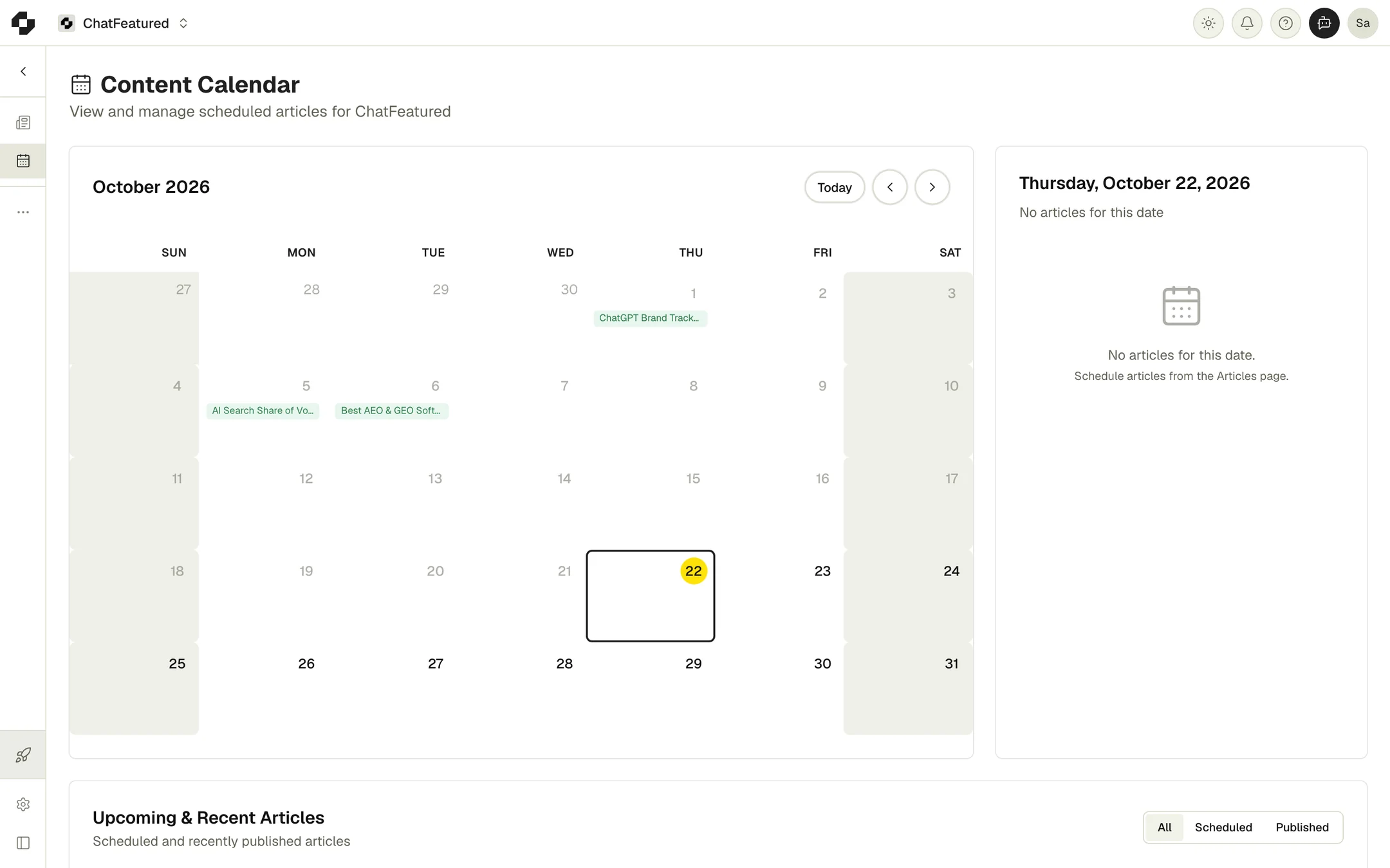 The Content Calendar, showing a month with published articles on their dates