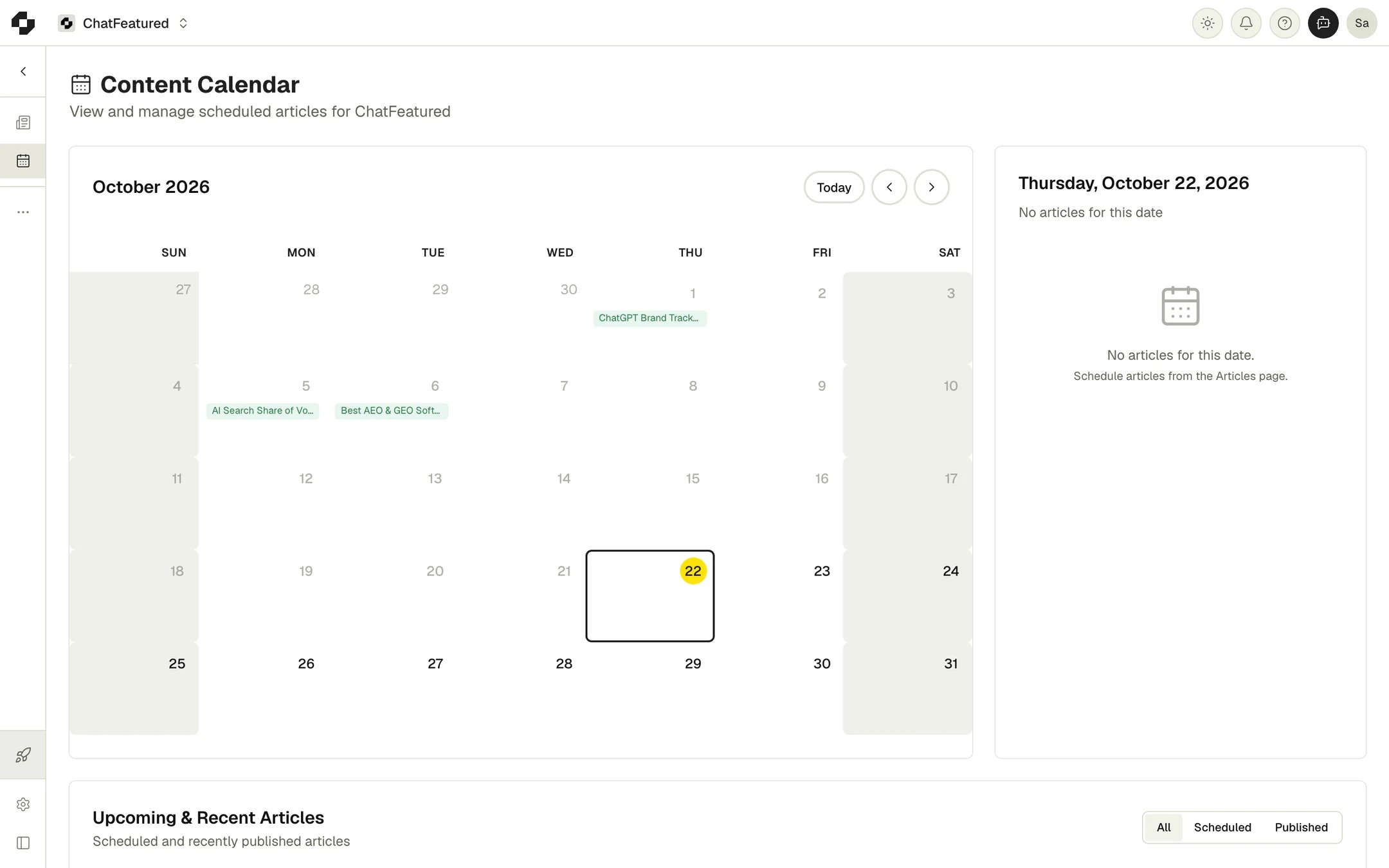 The Content Calendar, showing a month with published articles on their dates
