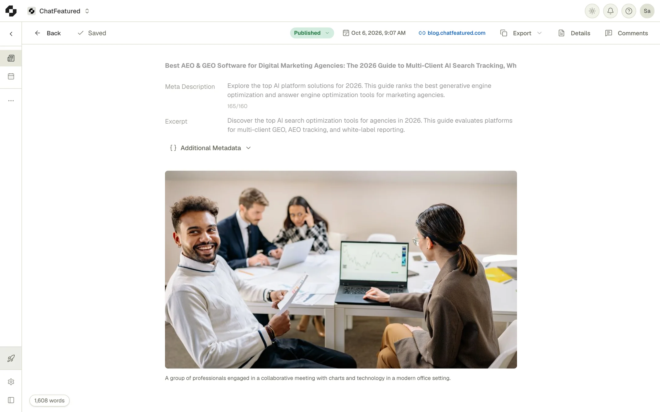 The article editor, with the status badge, publish date, live URL, Export, Details and Comments in the toolbar, and the meta description, excerpt and featured image above the body