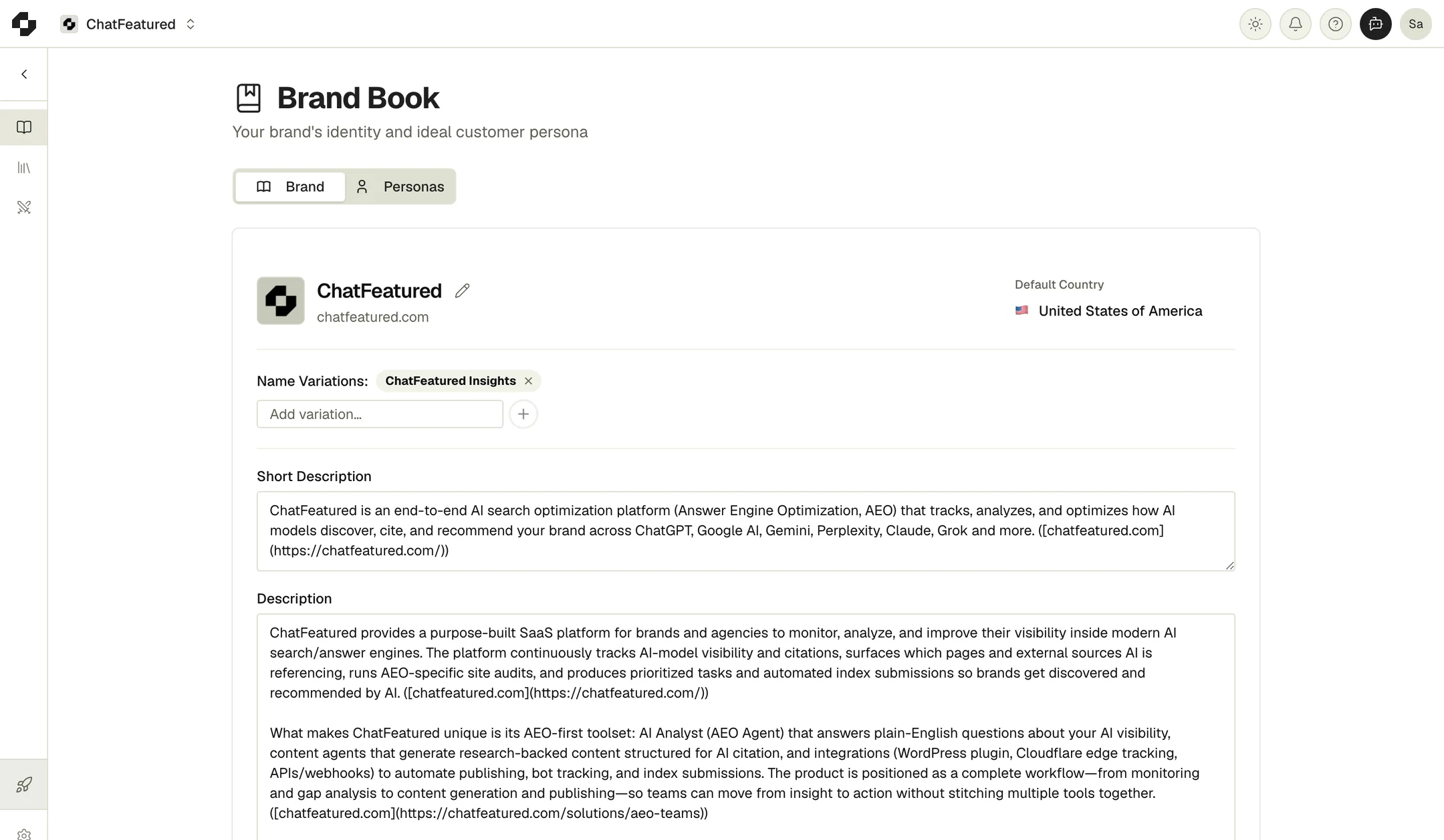 The Brand tab of the Brand Book, with the project name, domain, default country, name variations and description
