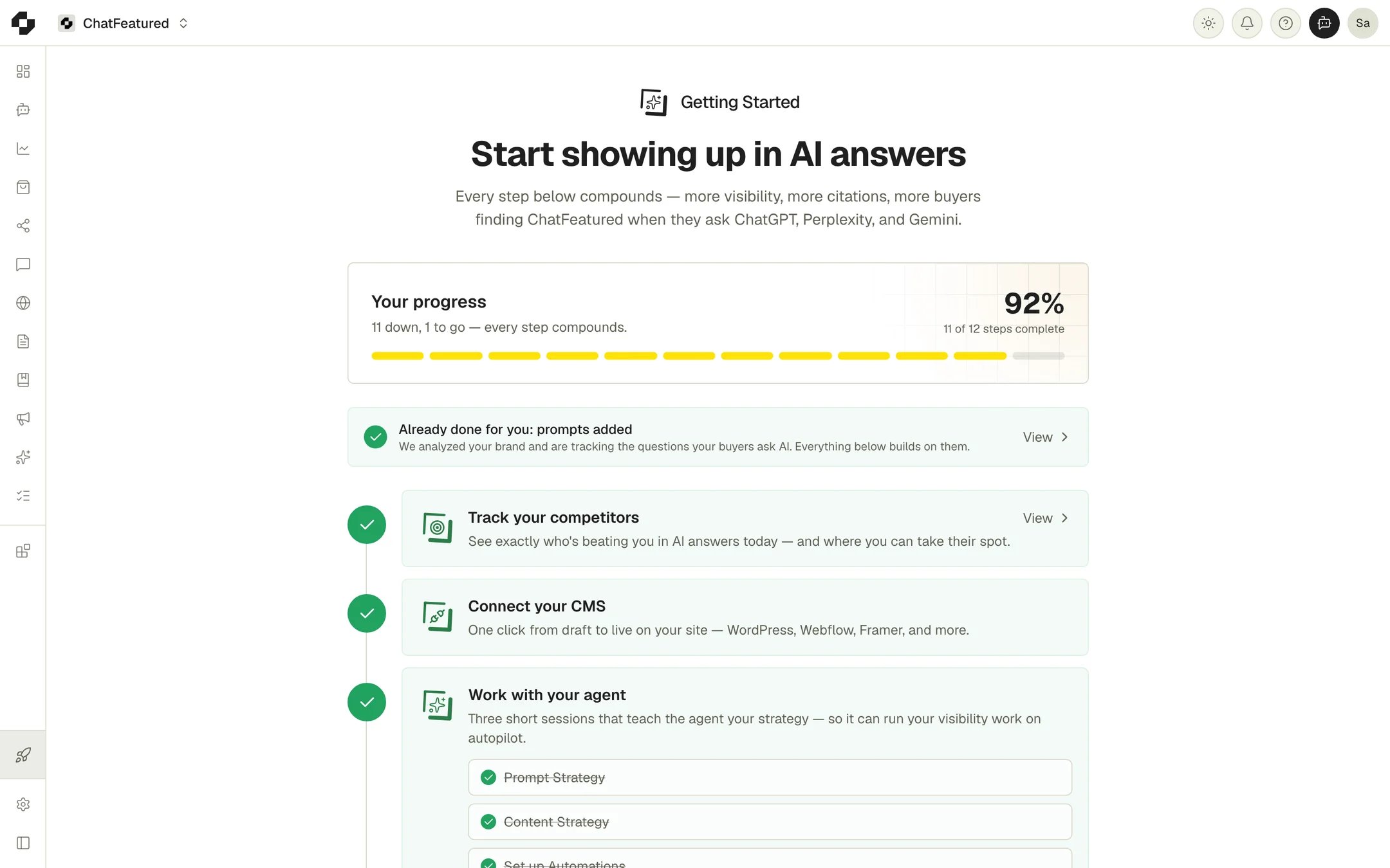 The Getting Started page, showing setup progress and the steps for your first day