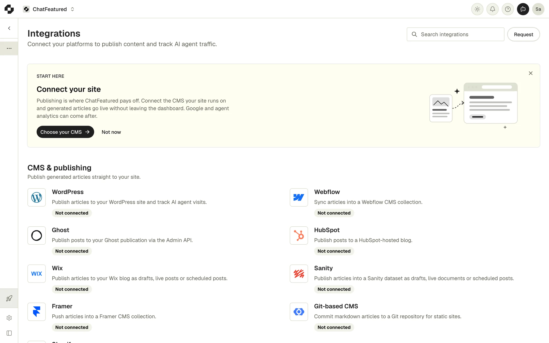 The Integrations page, listing the CMS and publishing integrations with their connection status