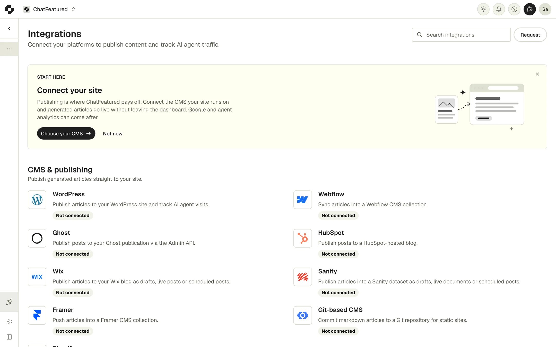 The Integrations page, listing the CMS and publishing integrations with their connection status