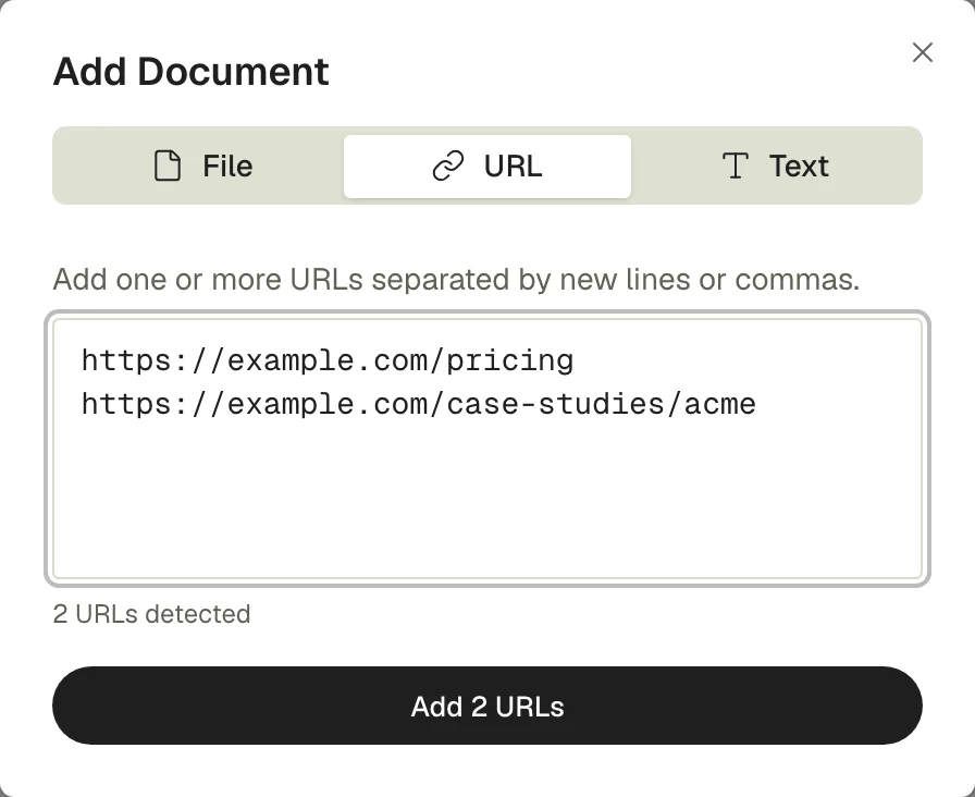 The URL tab of the Add Document dialog, with two URLs pasted in