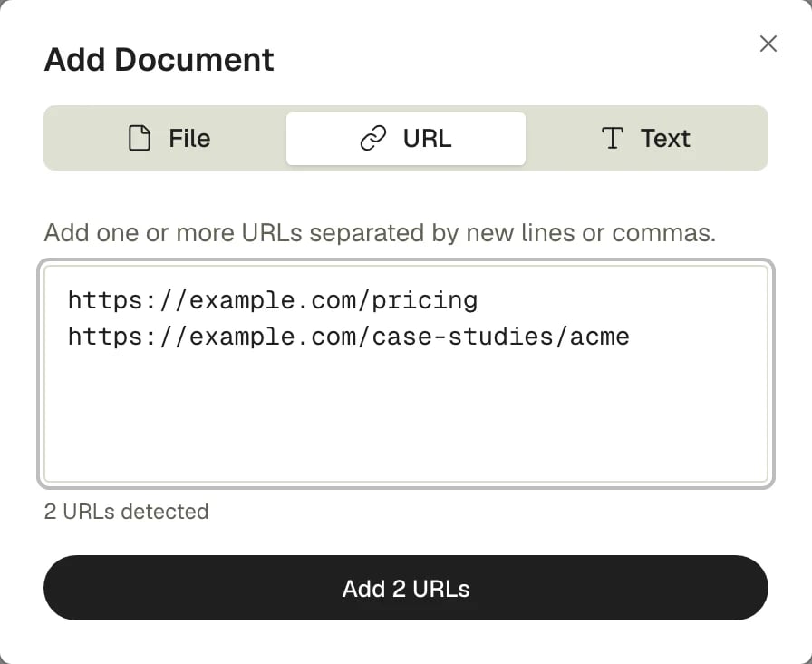 The URL tab of the Add Document dialog, with two URLs pasted in