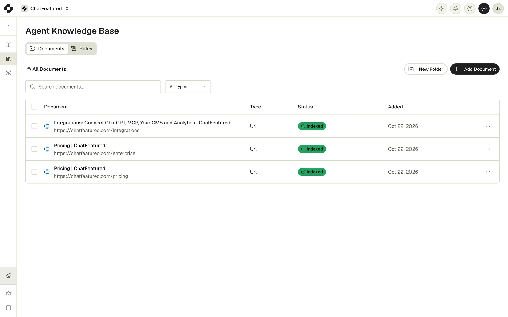 The Documents tab of the Agent Knowledge Base, listing three indexed URL documents