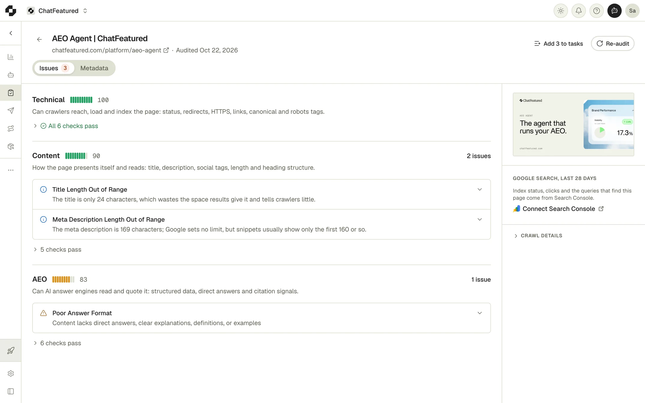 An audited page, with its Technical, Content and AEO scores and the open issues under each