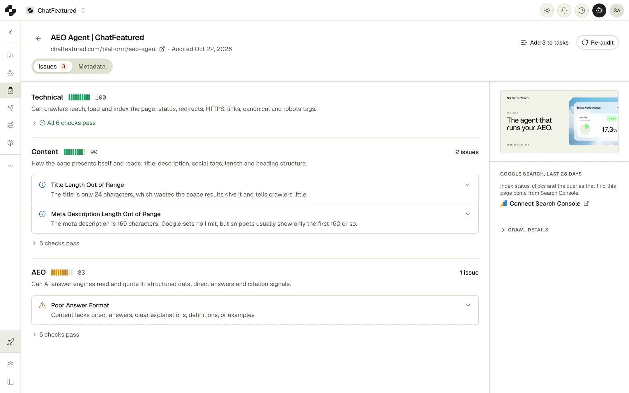 An audited page, with its Technical, Content and AEO scores and the open issues under each