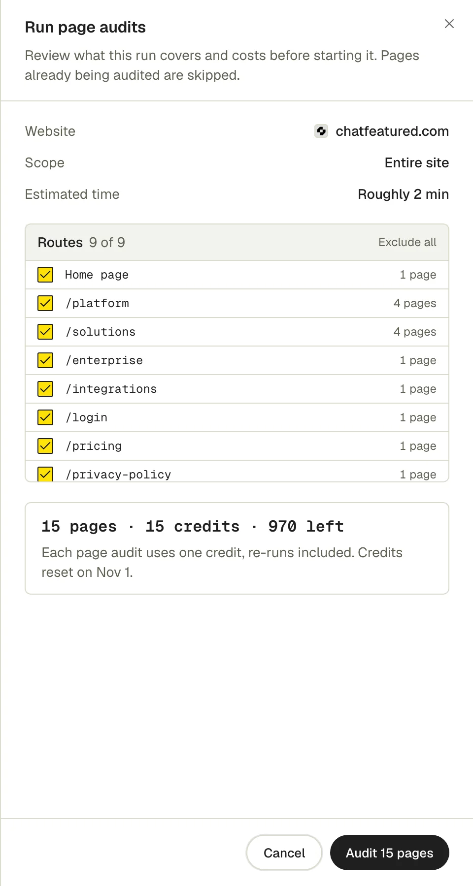 The Run page audits sheet, showing the website, scope, estimated time, the routes included and the credits the run uses