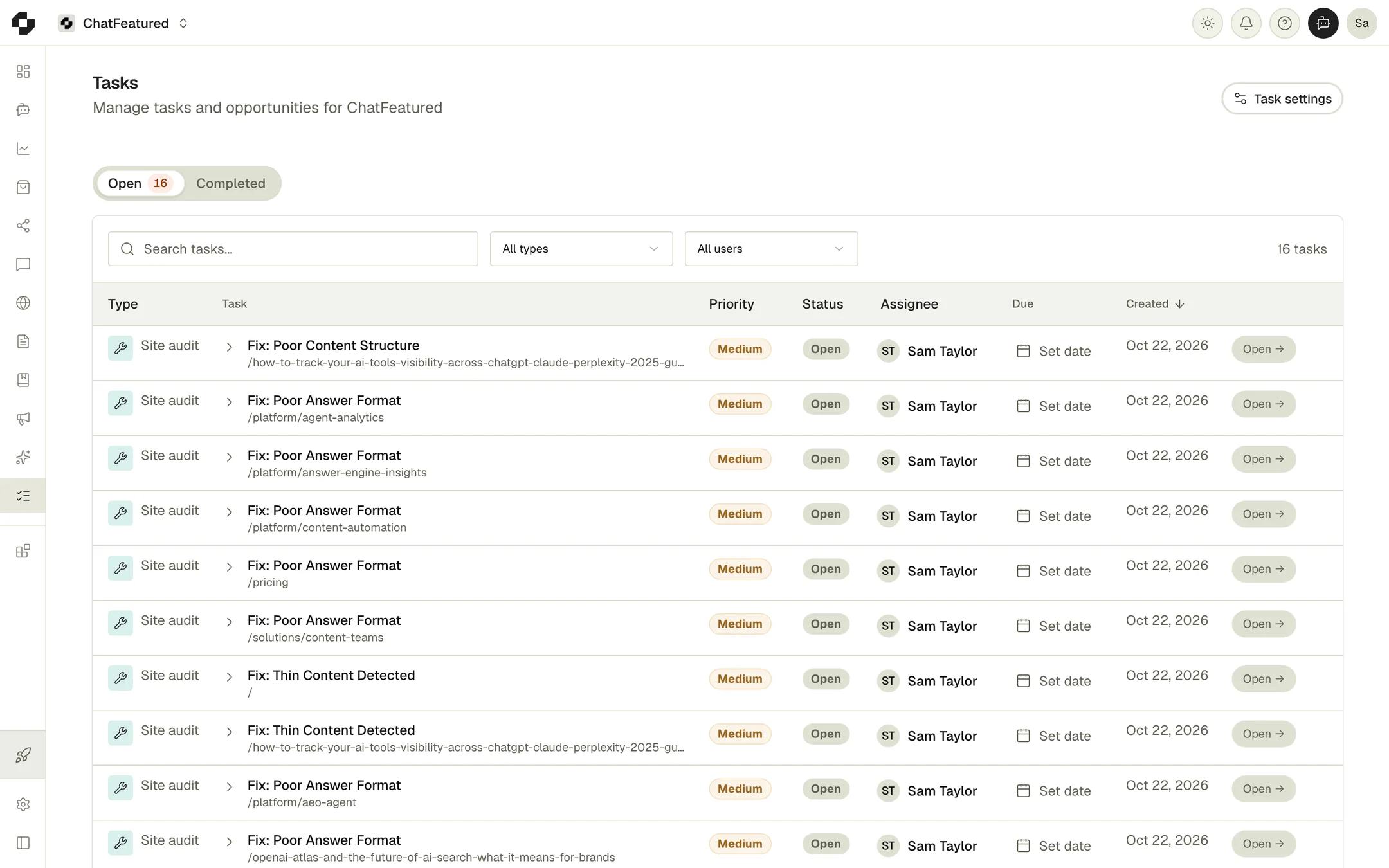 The Tasks list, showing open site audit tasks with their priority, status, assignee and due date