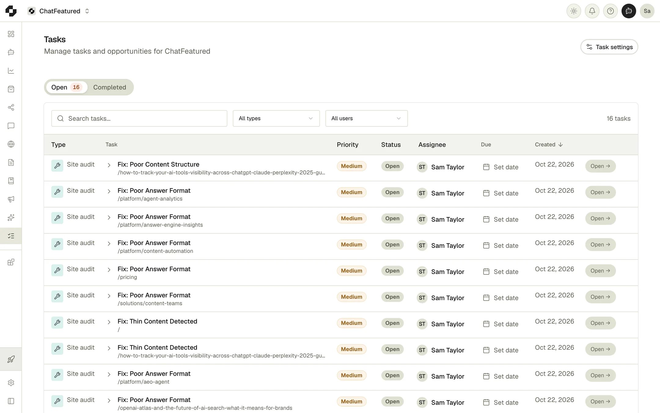 The Tasks list, showing open site audit tasks with their priority, status, assignee and due date