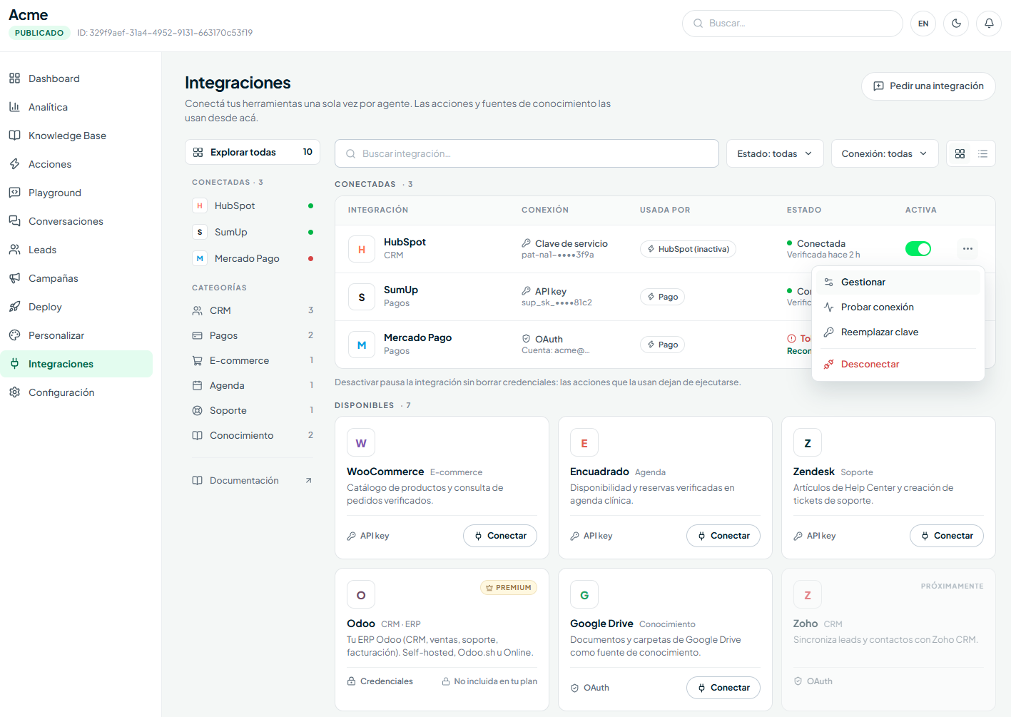 TODO: captura del hub de Integraciones con las tarjetas de proveedores y su estado