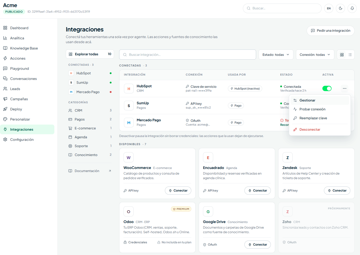 TODO: captura del hub de Integraciones con las tarjetas de proveedores y su estado