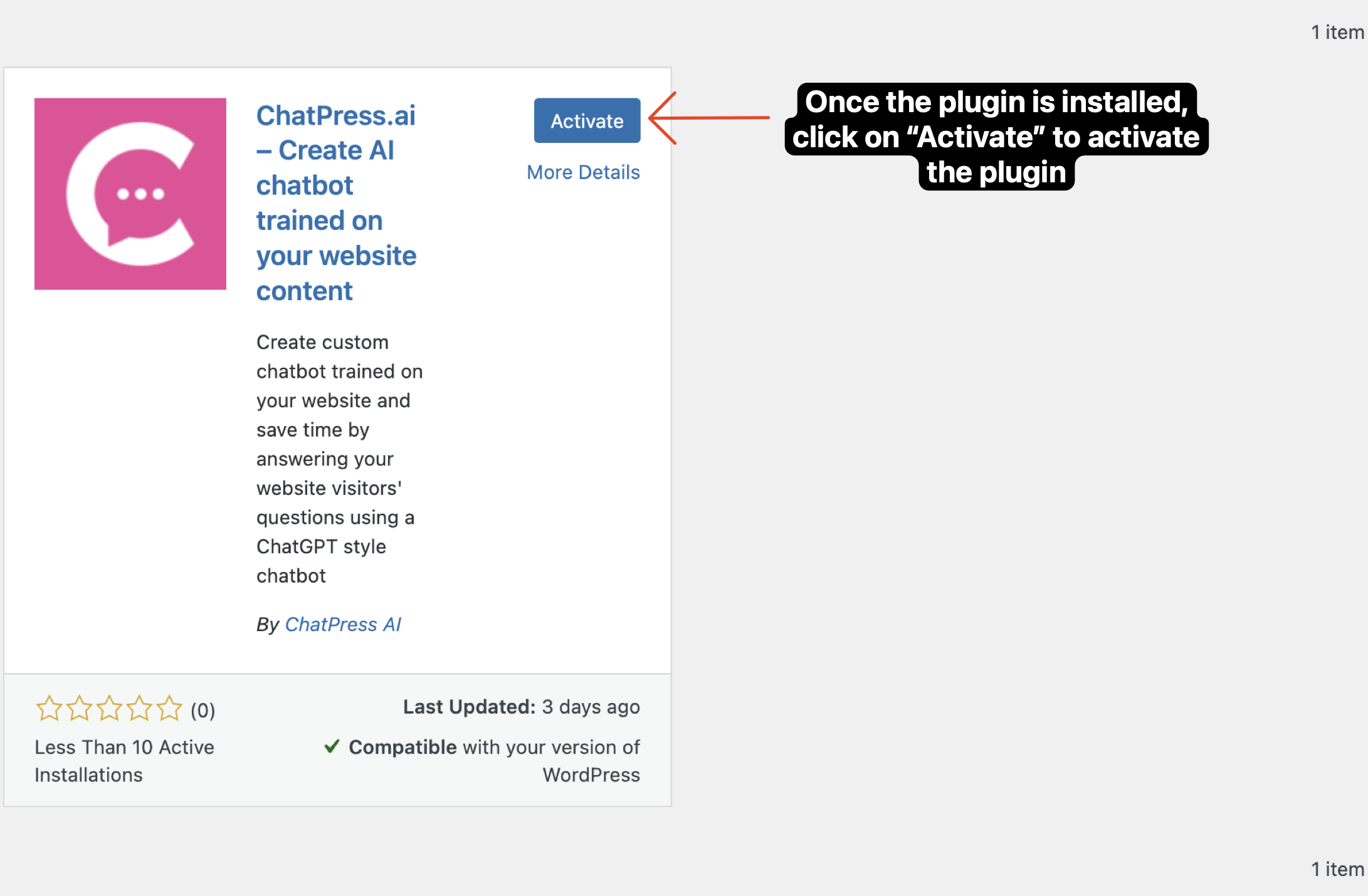 Activate plugin screenshot