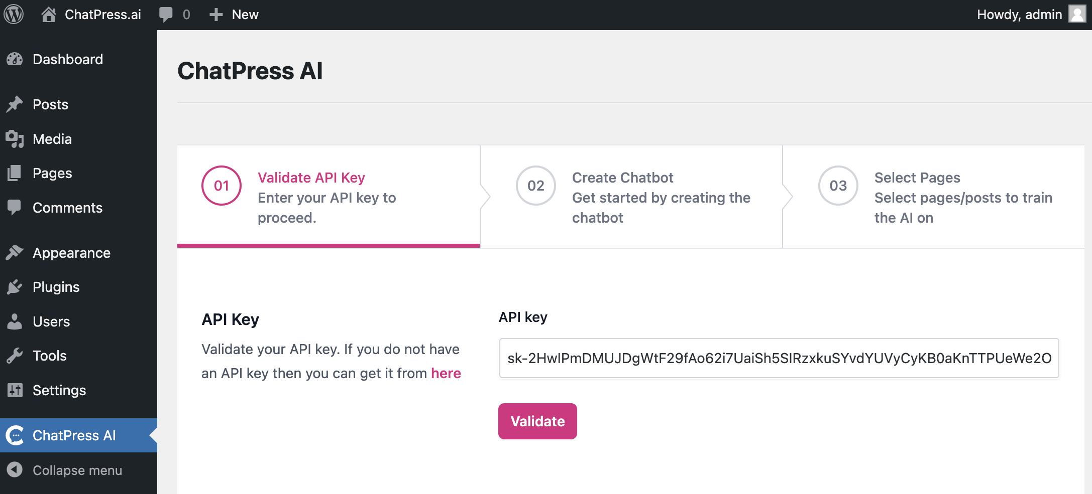 Verify API key screenshot