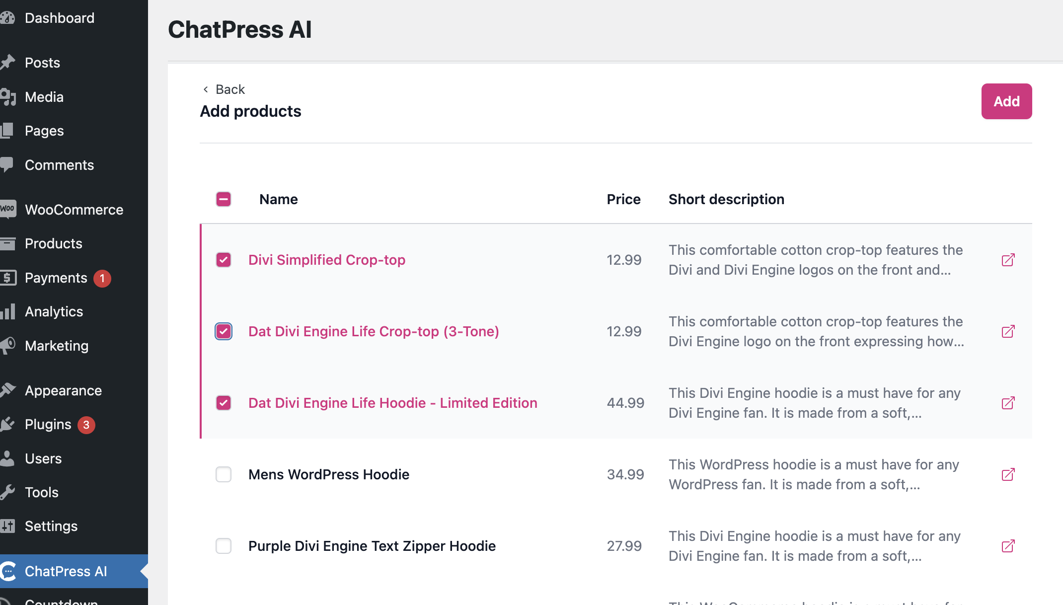 WooCommerce add products screenshot