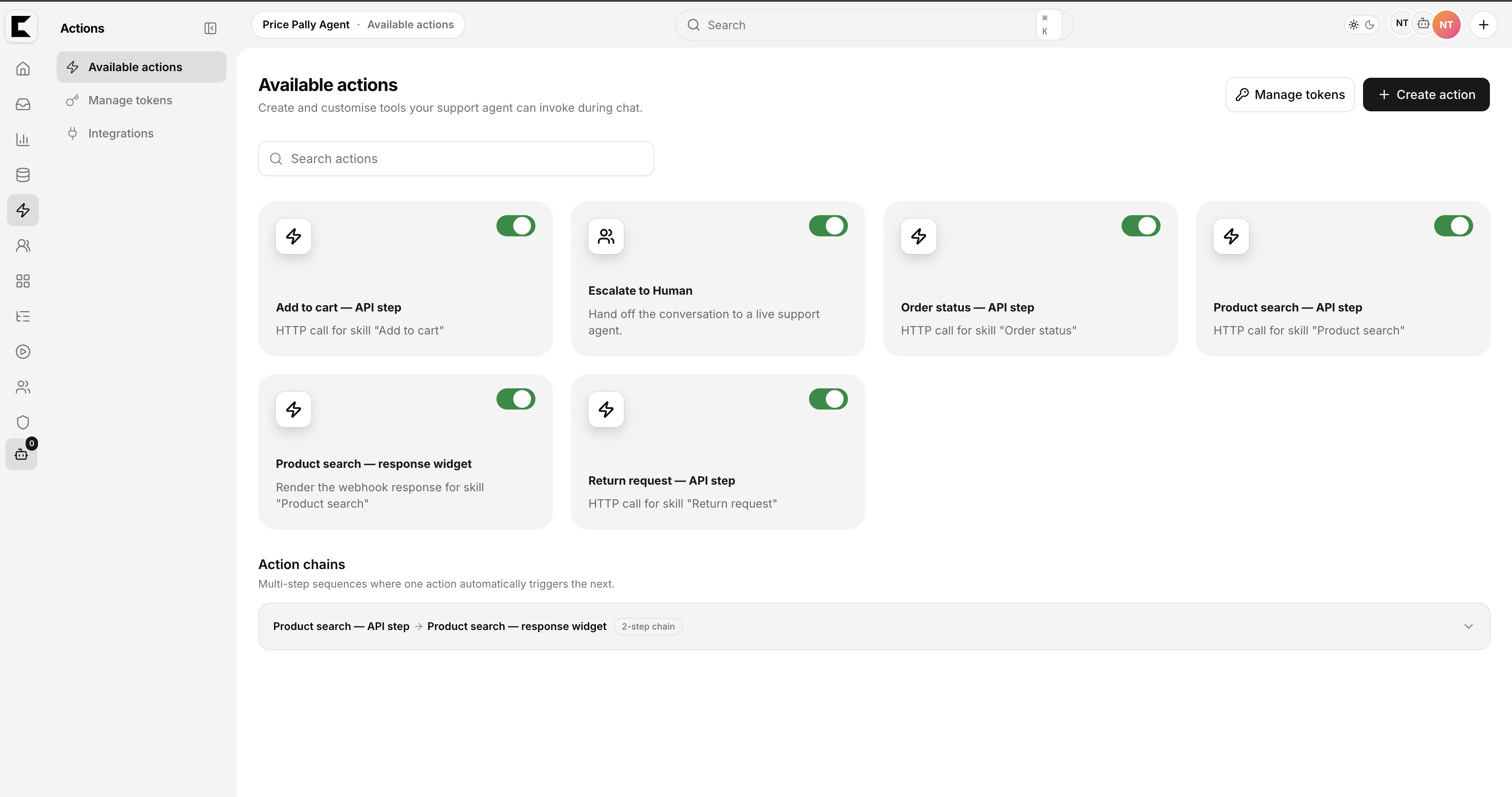 Available actions list