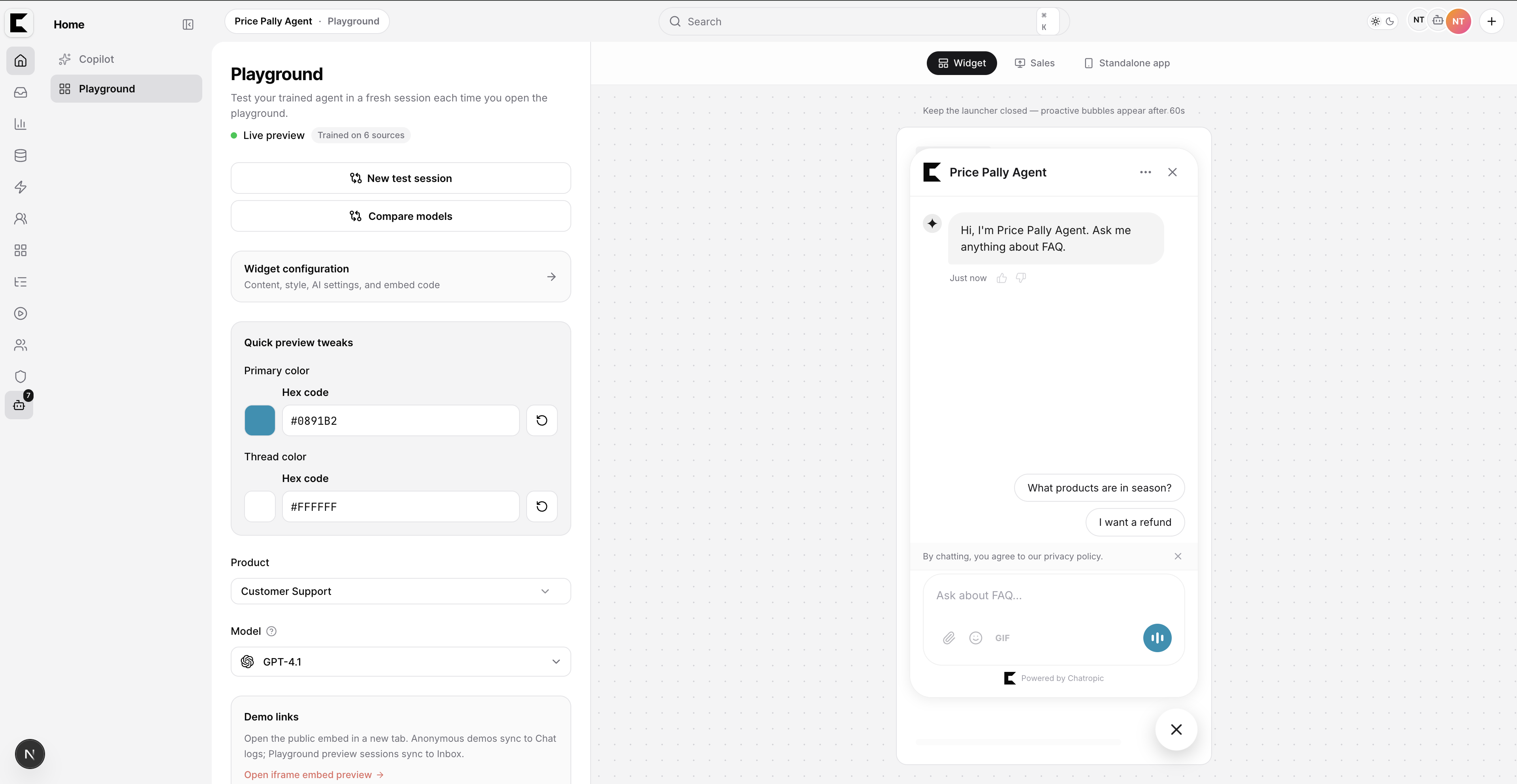 Chatropic Playground with live widget preview