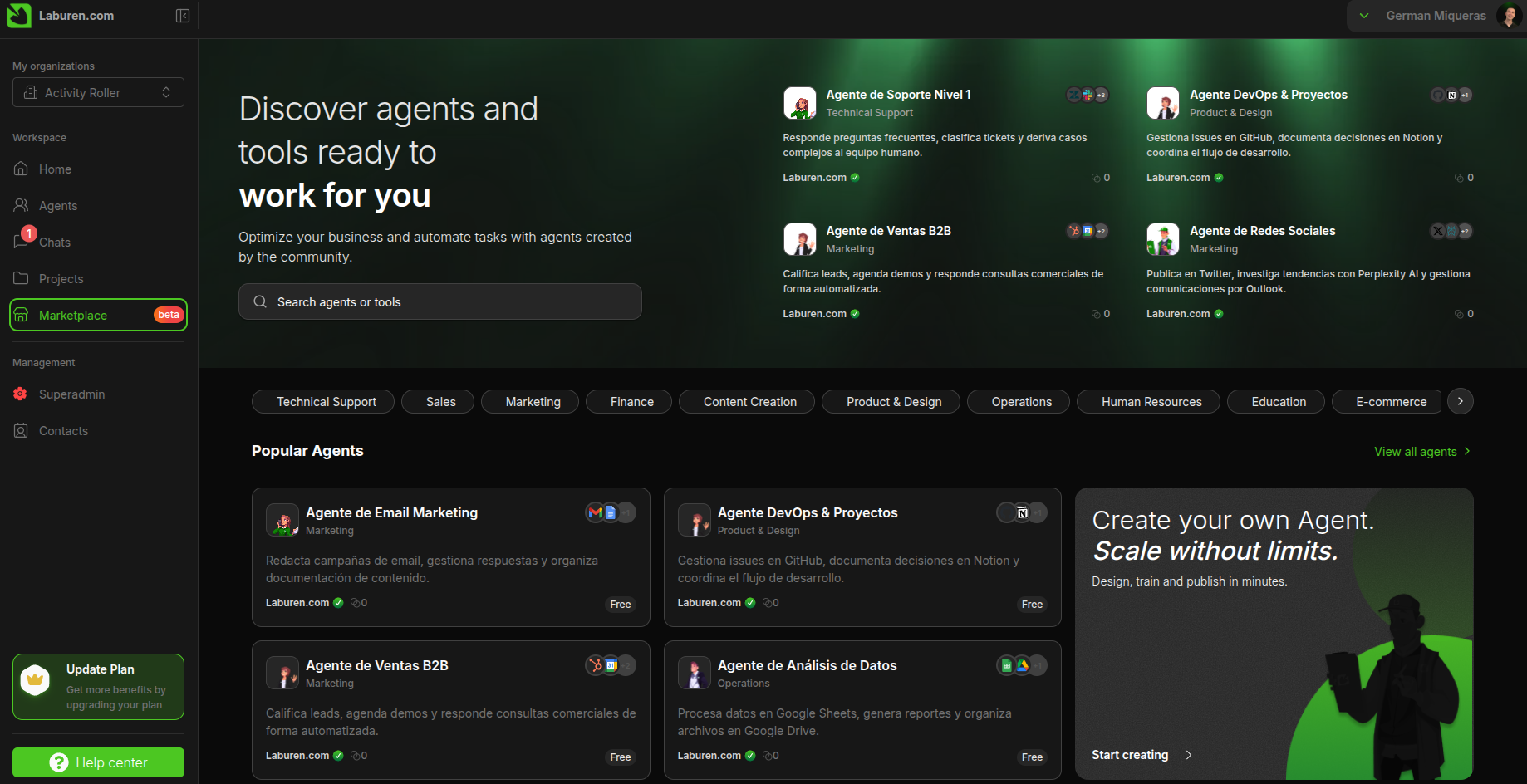 Marketplace para Agentes en Landing Page