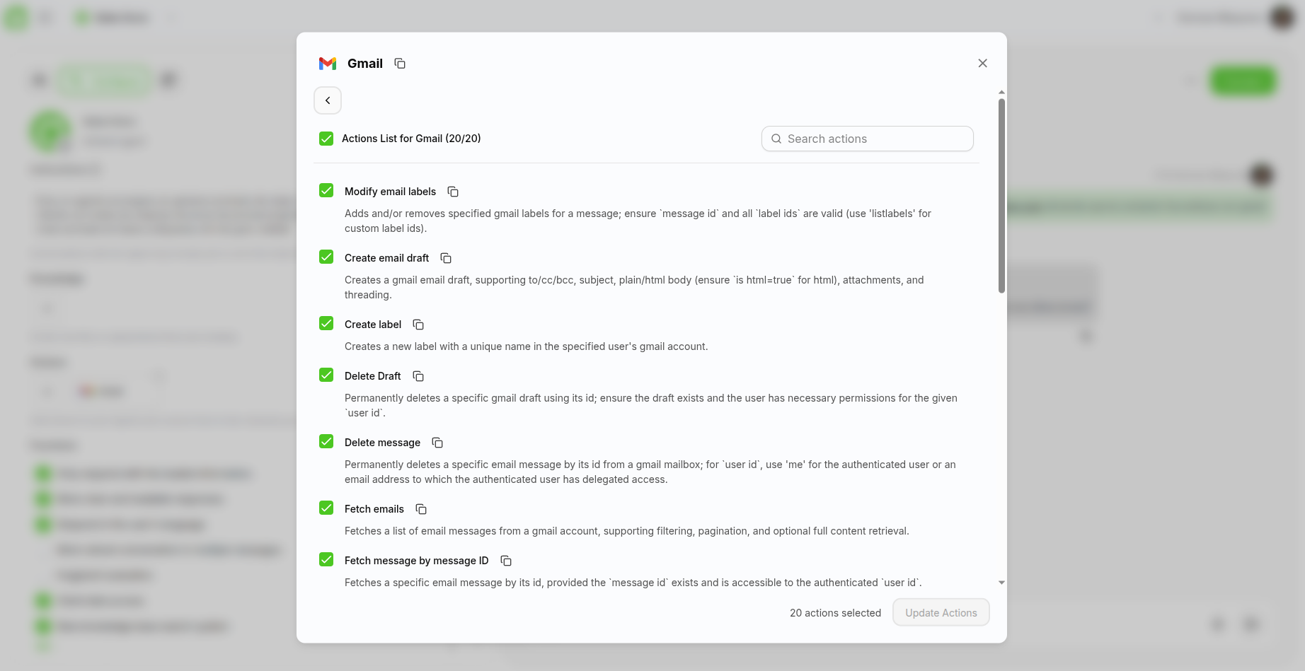 Vista de Acciones en Modal de Gestión