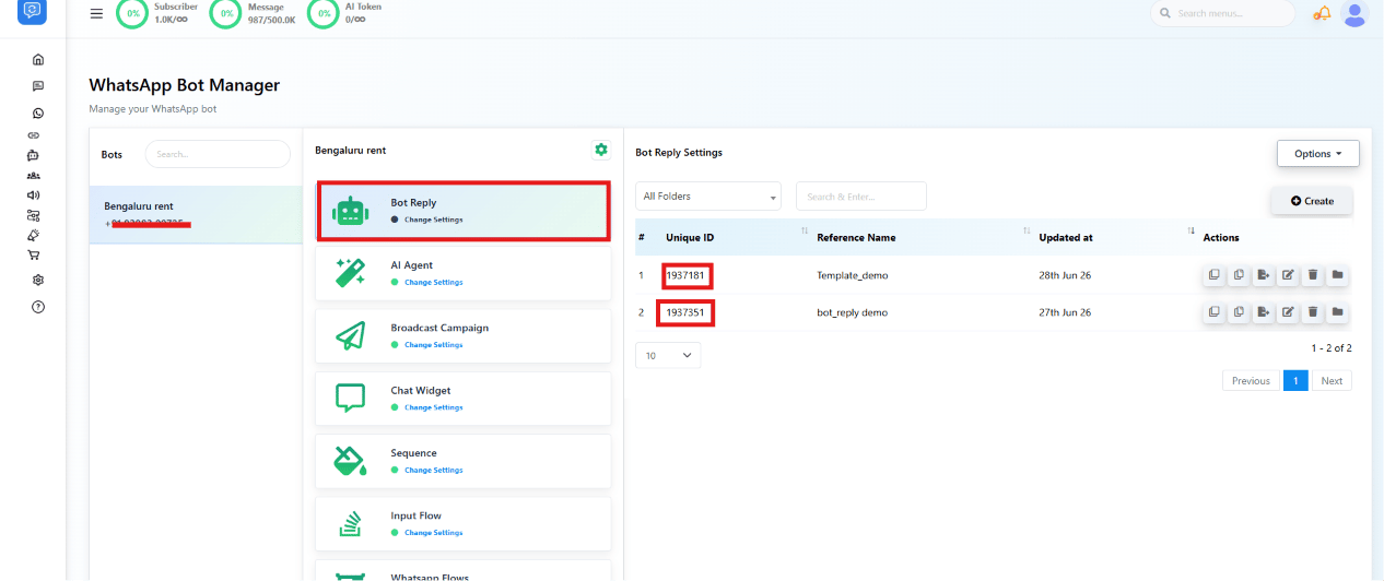 Keyword Replies list with the Unique ID column highlighted