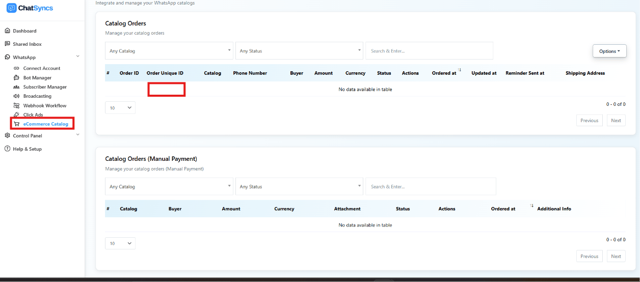 Catalog Orders table with the Order Unique ID column highlighted