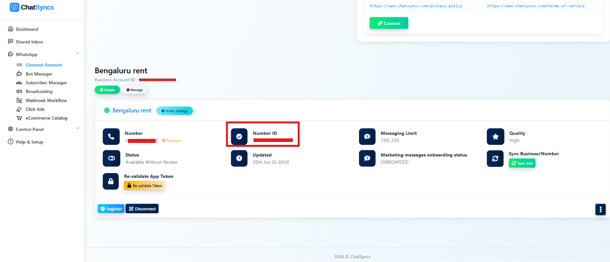 Connect Account page with Number ID highlighted