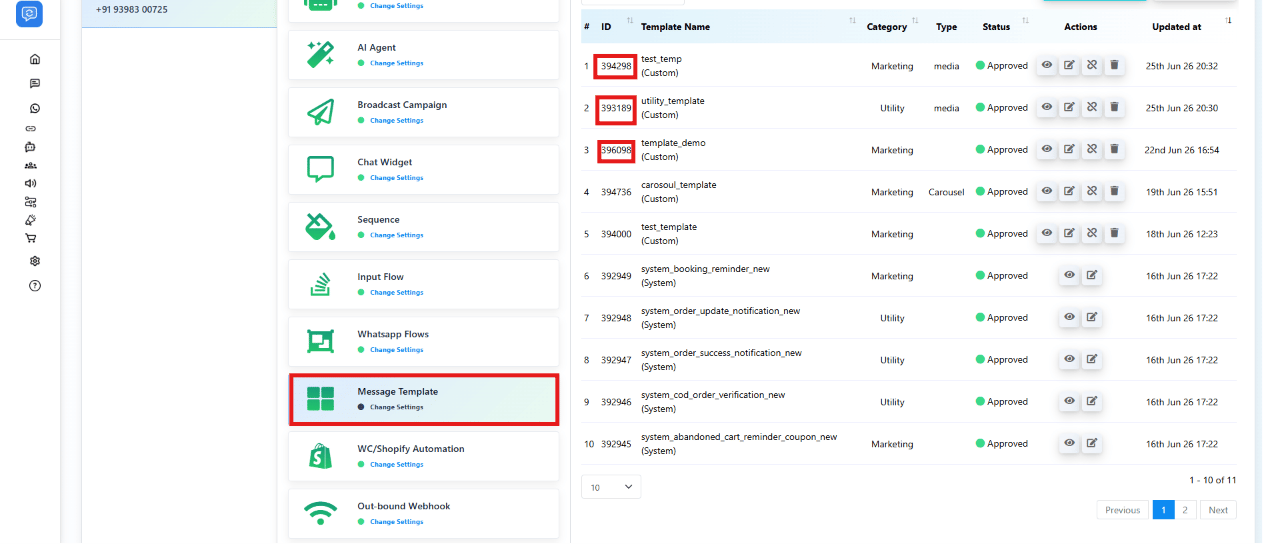 Message Template list with the ID column highlighted
