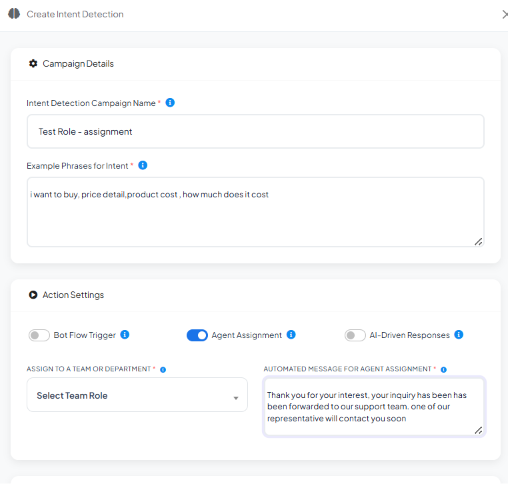 Create Intent Detection modal named Test Role - assignment, with example phrases about pricing, Agent Assignment enabled, the Assign to a Team or Department field showing its Select Team Role placeholder, and an automated message drafted for agent assignment