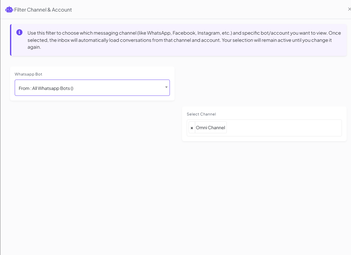 Filter Channel & Account panel with a WhatsApp Bot dropdown set to From: All WhatsApp Bots, and a Select Channel dropdown set to Omni Channel