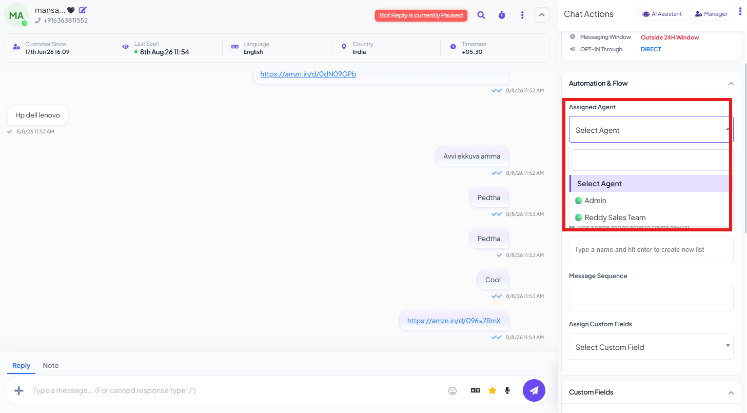 Chat Actions panel with the Automation & Flow section open, the Assigned Agent dropdown highlighted and expanded showing Select Agent, Admin, and Reddy Sales Team, above the Message Sequence and Assign Custom Fields fields