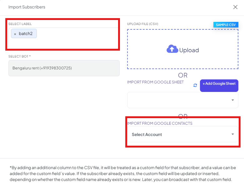 Import Subscribers modal with the Select Label field showing batch2, and the Import from Google Contacts section with a Select Account dropdown highlighted