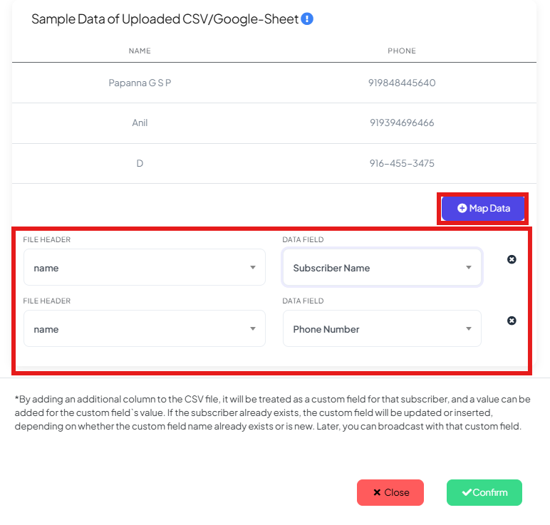 Sample Data of Uploaded CSV/Google-Sheet modal showing a preview of the file's rows, with File Header columns mapped to Data Fields (Subscriber Name, Phone Number) and a Map Data button to add more mappings