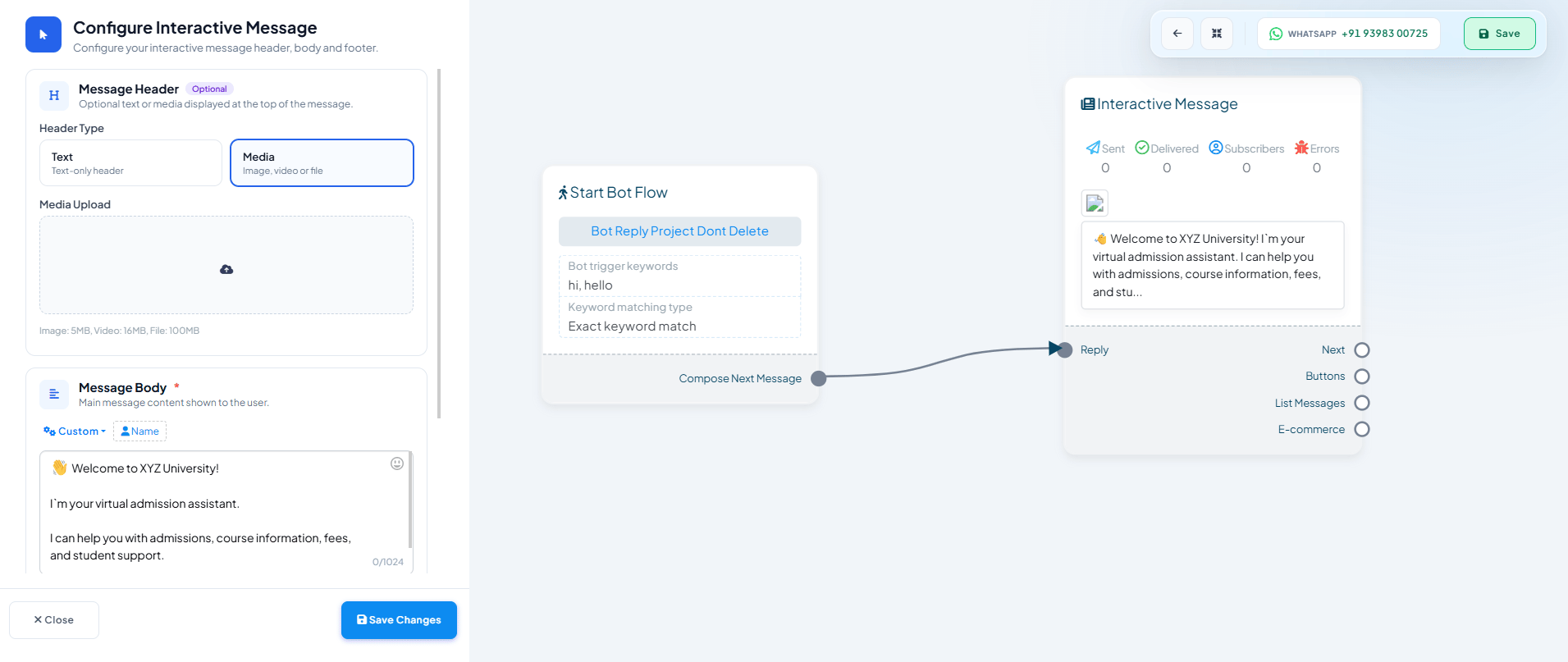 Configure Interactive Message panel with an optional Media header and the Message Body, next to the canvas node showing Reply, Buttons, List Messages, and E-commerce connectors