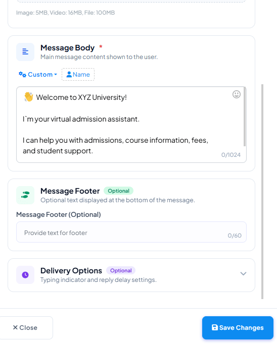 Interactive Message node on the canvas with three Buttons wired to it — Admissions, Courses, Support — each its own reply node