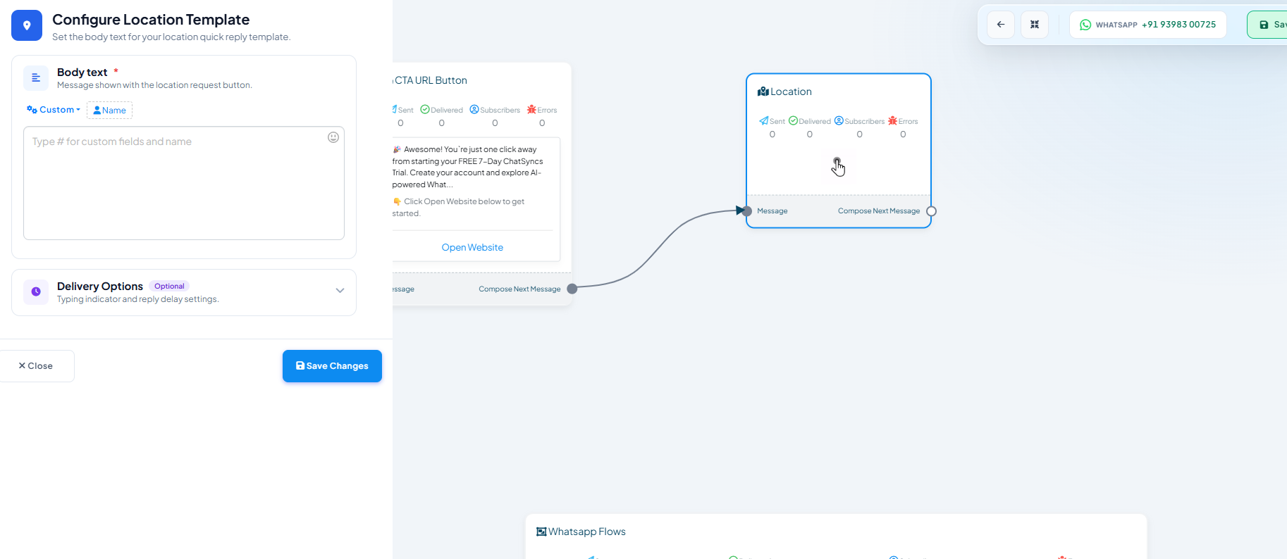 Configure Location Template panel with a Body text field for the location quick-reply request