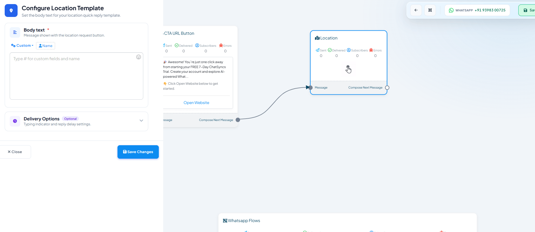 Configure Location Template panel with a Body text field for the location quick-reply request