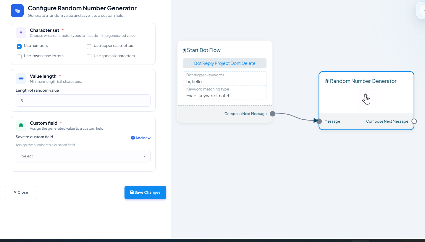 Configure Random Number Generator panel with Character set checkboxes (numbers, upper/lower case, special characters), a Value length field, and Save to custom field