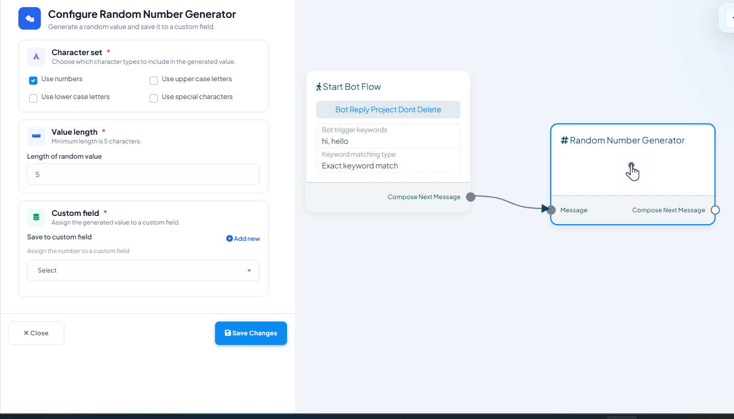 Configure Random Number Generator panel with Character set checkboxes (numbers, upper/lower case, special characters), a Value length field, and Save to custom field