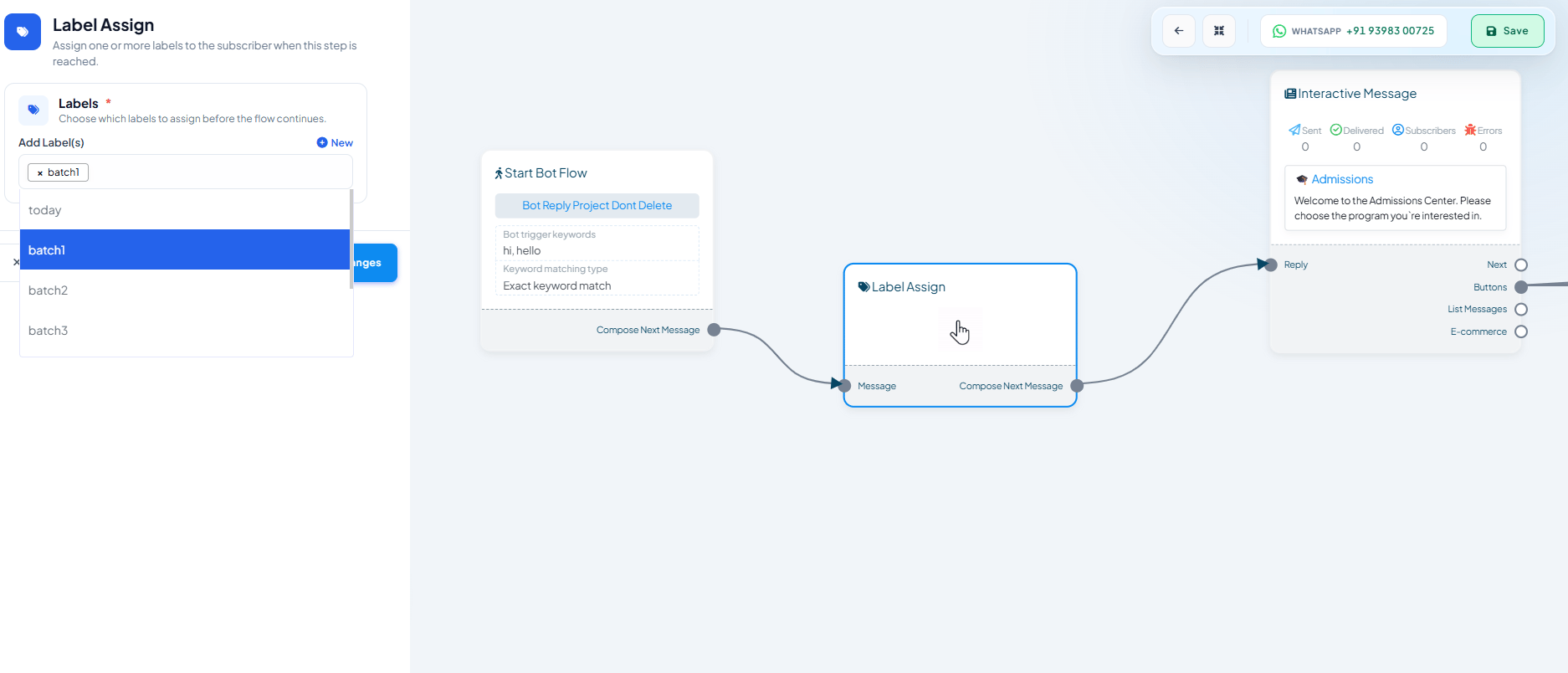 Label Assign panel with a multi-select Labels field showing existing labels like today, batch1, batch2, batch3