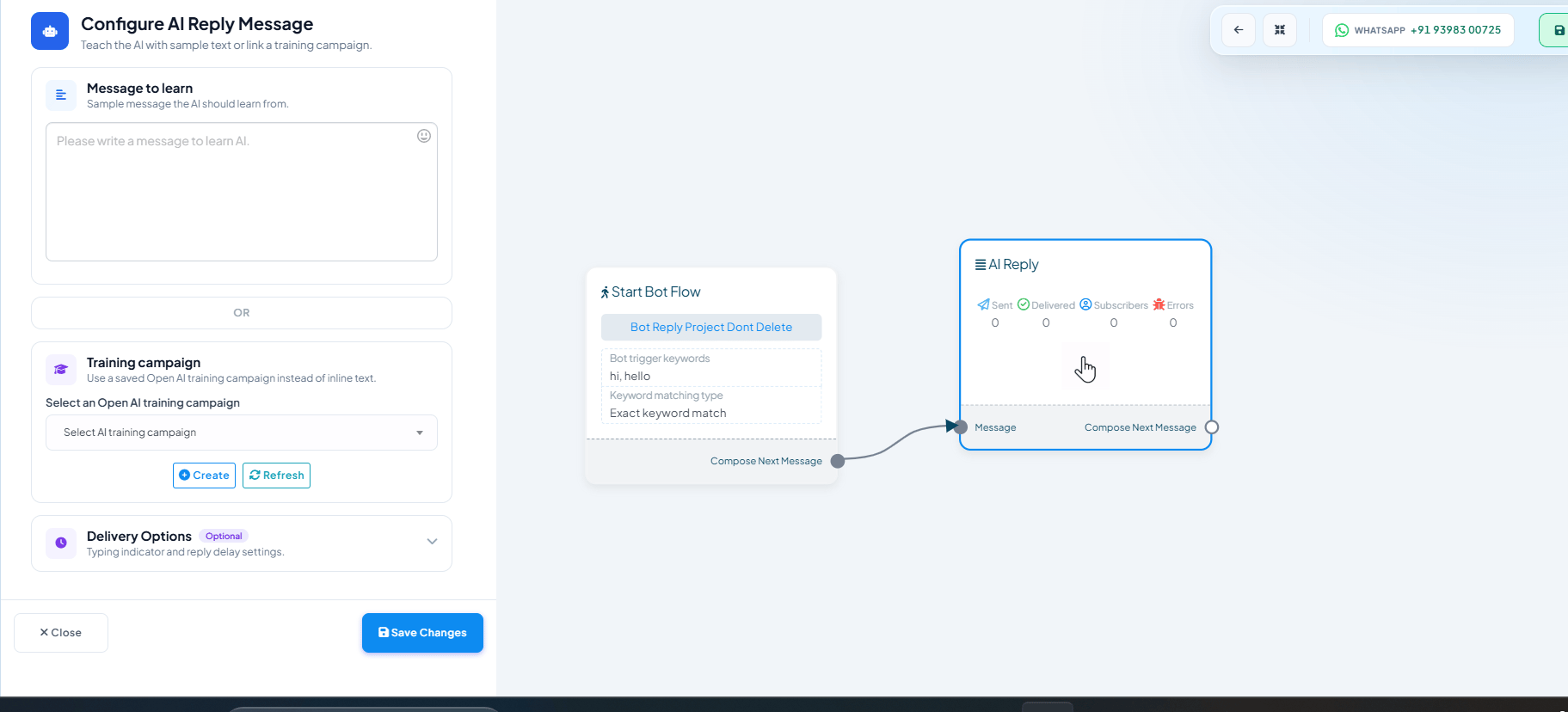 Configure AI Reply Message panel with a Message to learn text box, an OR divider, and a Training campaign dropdown to select a saved Open AI training campaign