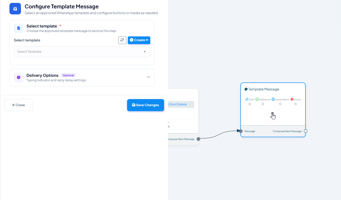 Configure Template Message panel with a Select template dropdown and a Create button for approved WhatsApp templates