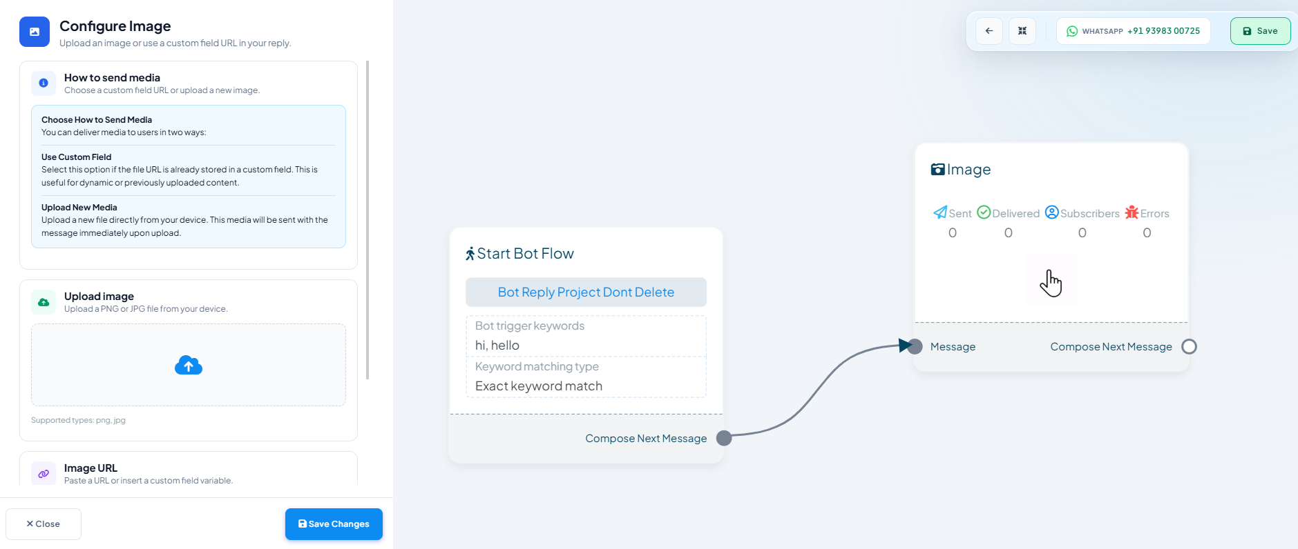 Configure Image panel with How to send media options (Use Custom Field or Upload New Media), an Upload image dropzone, and an Image URL field