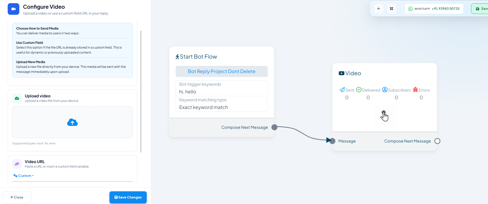 Configure Video panel with an Upload video dropzone and a Video URL field